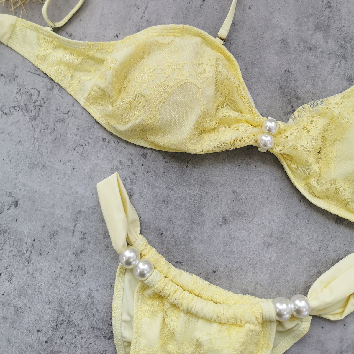 Yellow Lace Bandeau Bikini Set with Pearl Accents