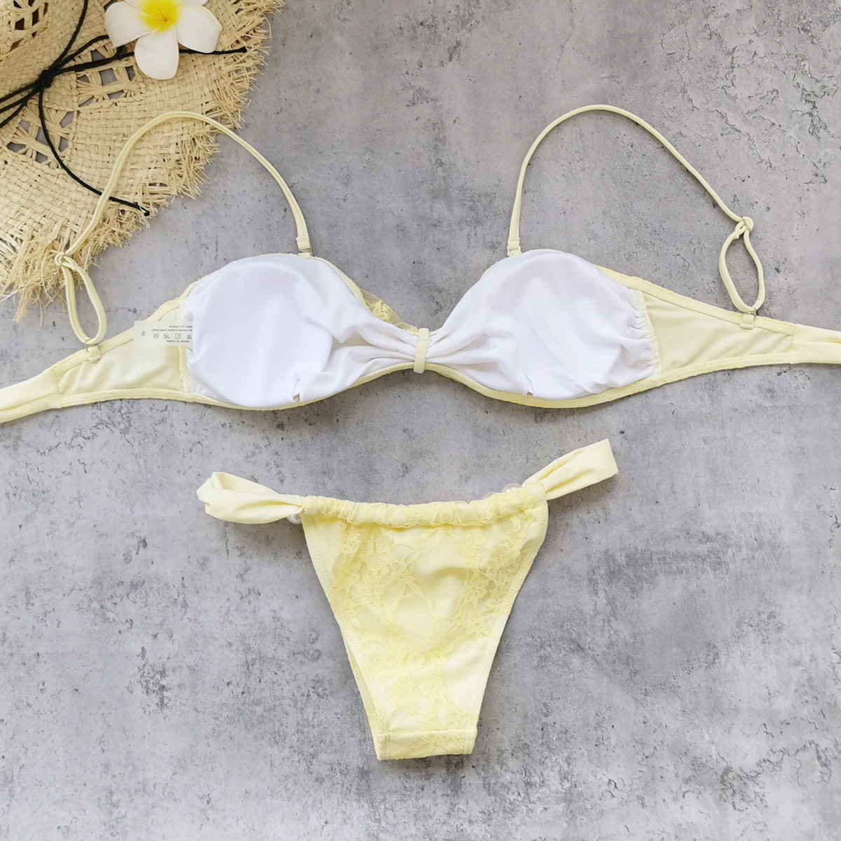 Yellow Lace Bandeau Bikini Set with Pearl Accents