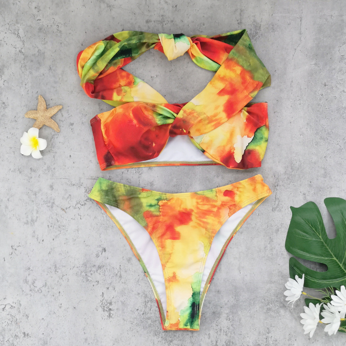 Orange Tie Dye Off-Shoulder Bikini Set with Twist Front Top