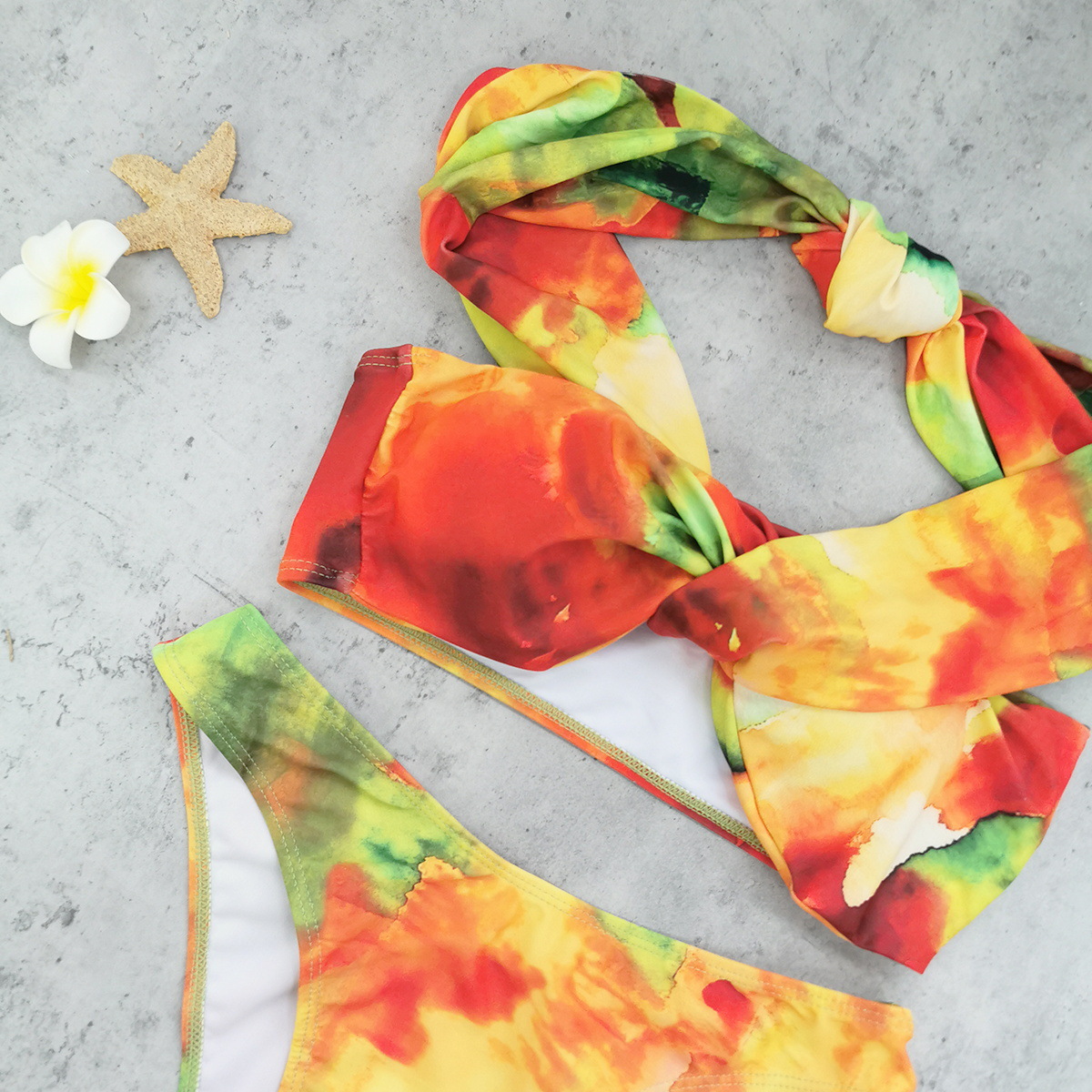 Orange Tie Dye Off-Shoulder Bikini Set with Twist Front Top