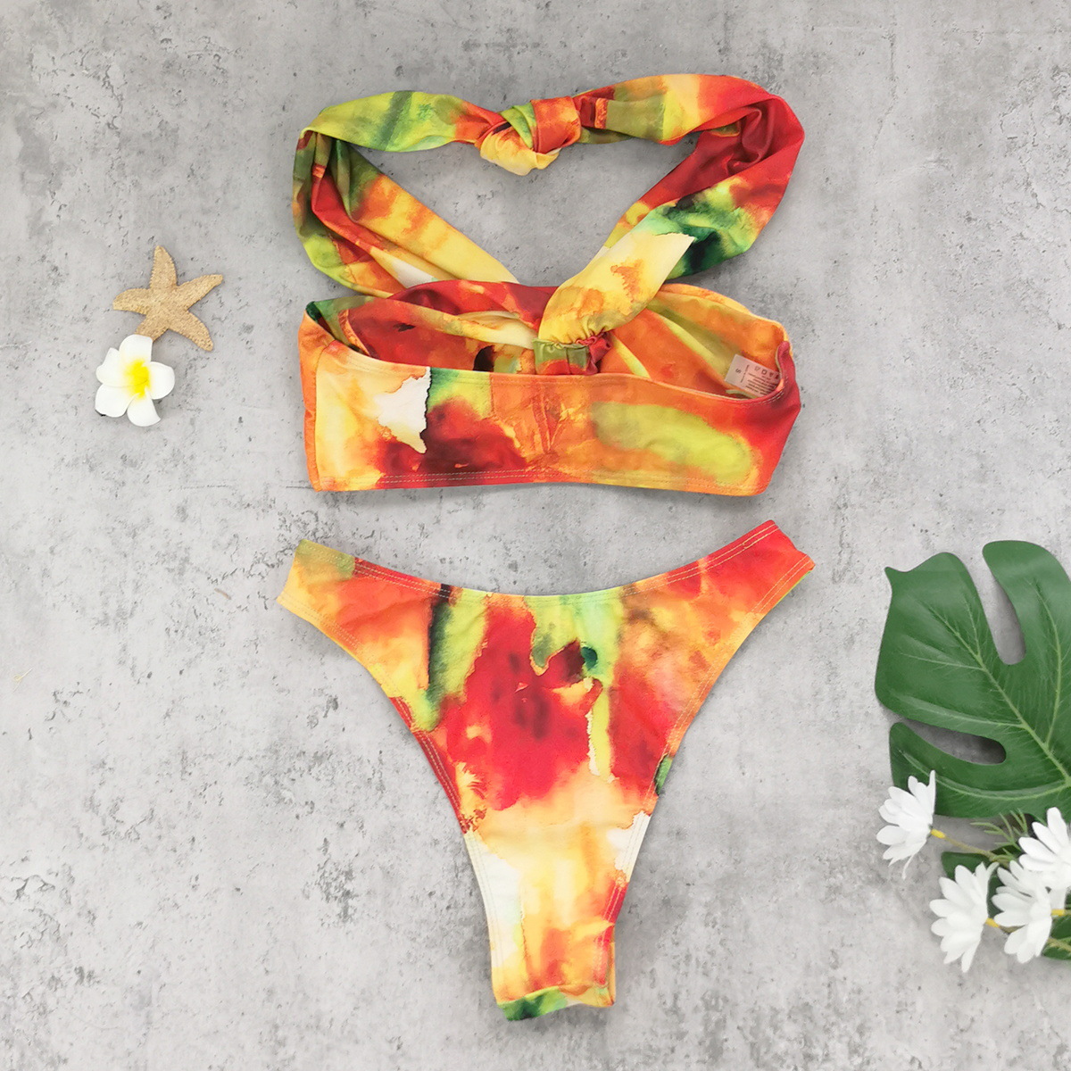 Orange Tie Dye Off-Shoulder Bikini Set with Twist Front Top