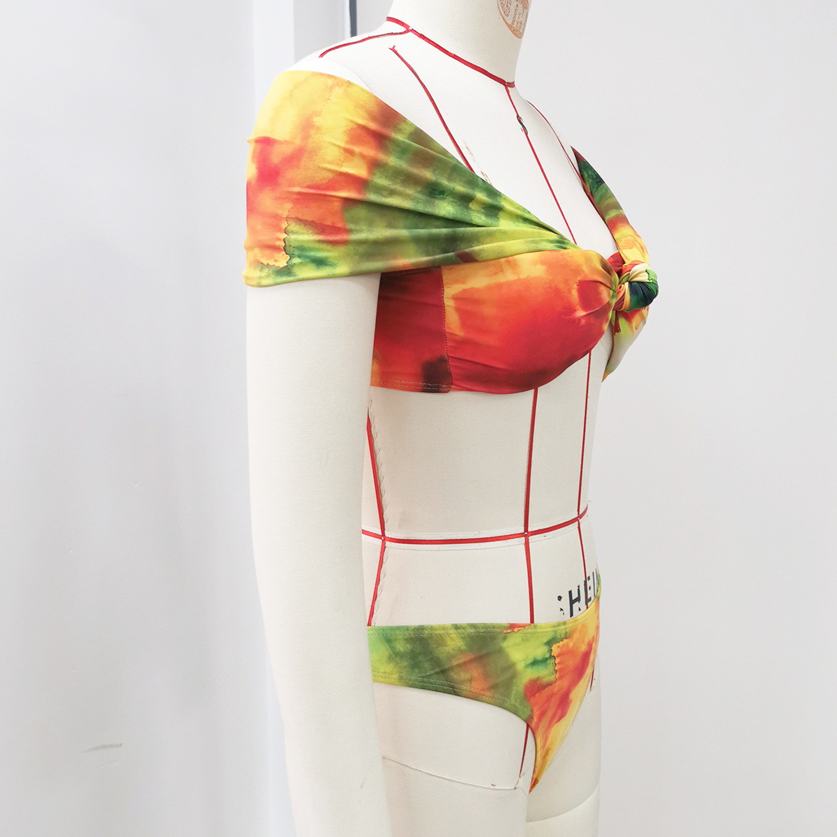 Orange Tie Dye Off-Shoulder Bikini Set with Twist Front Top