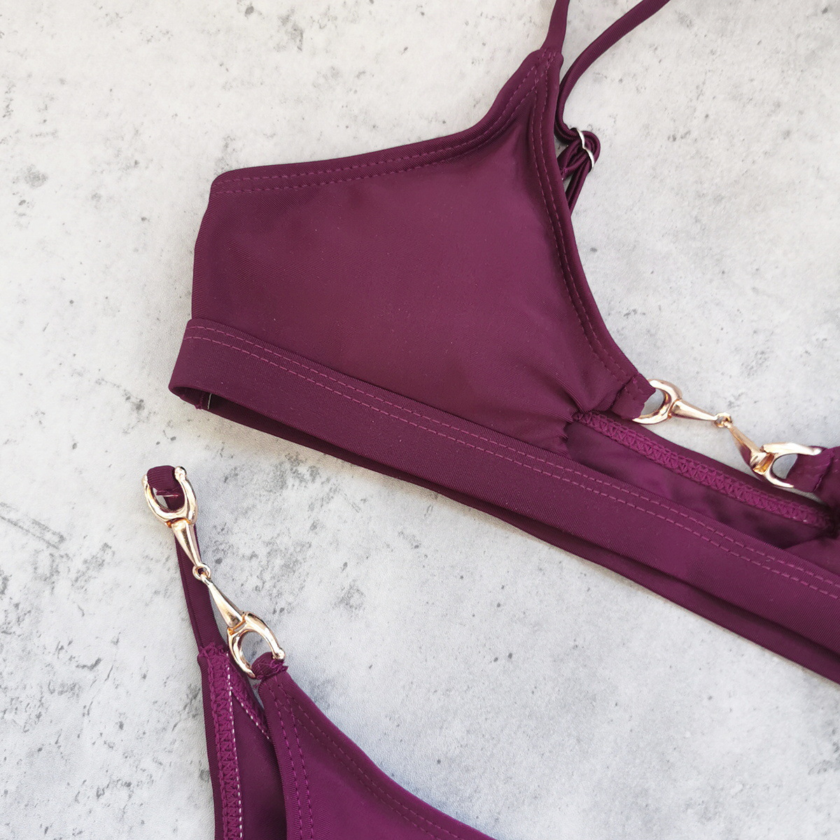 Burgundy Cutout Three-Piece Bikini Set with Ruched Skirt