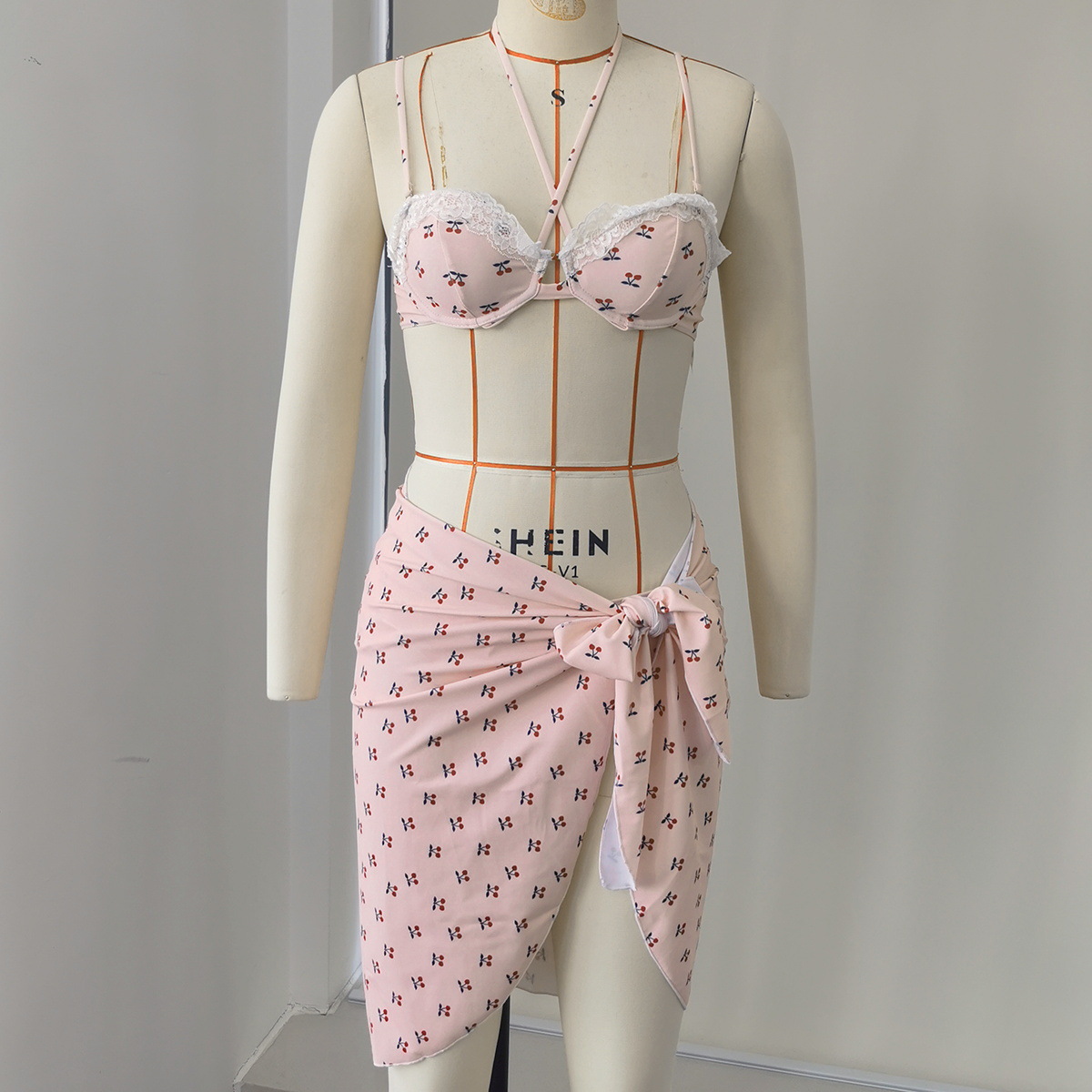 Pink Cherry Print Wrap Tie Beach Sarong Short Skirt