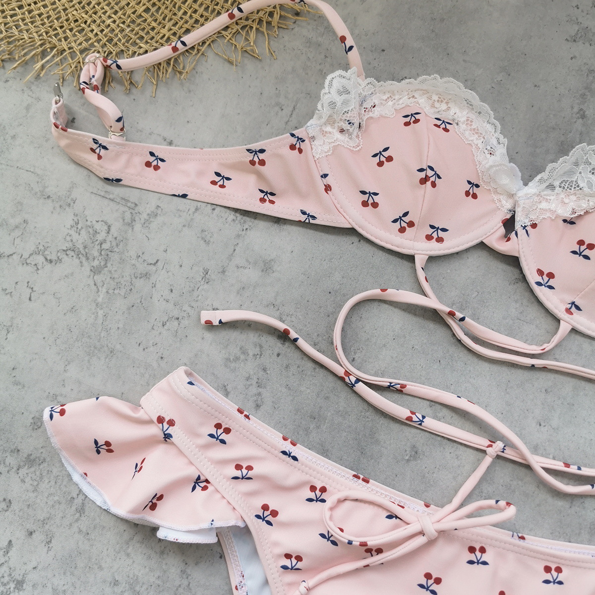 Pink Cherry Print Underwire Bikini Set with Lace Trim and Ruffled Bottom