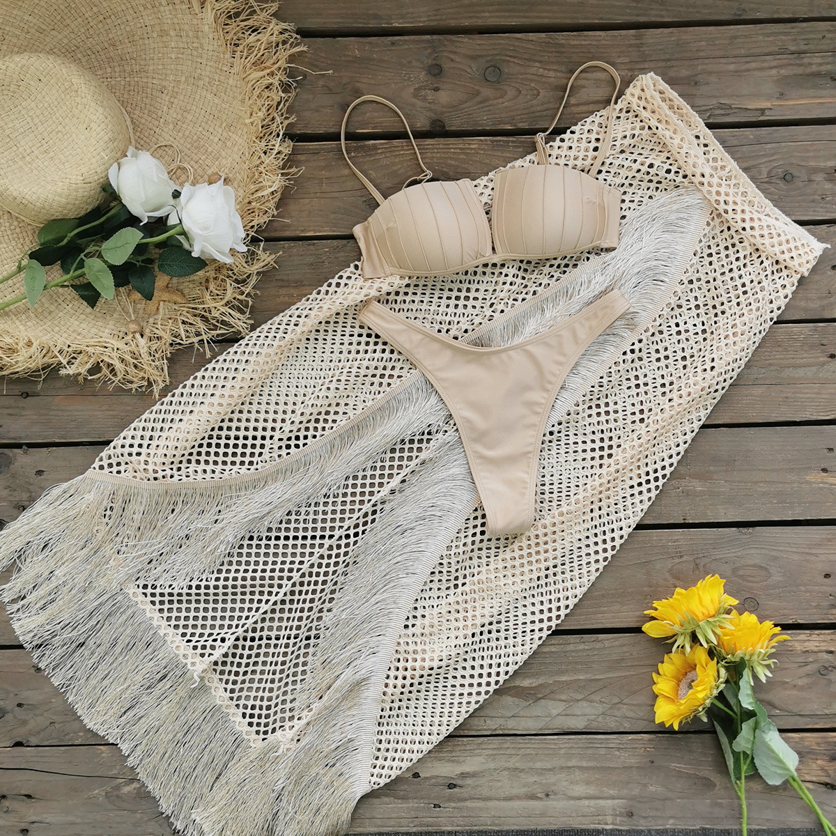 Three-Piece Bikini Set with Fringe Skirt view 4