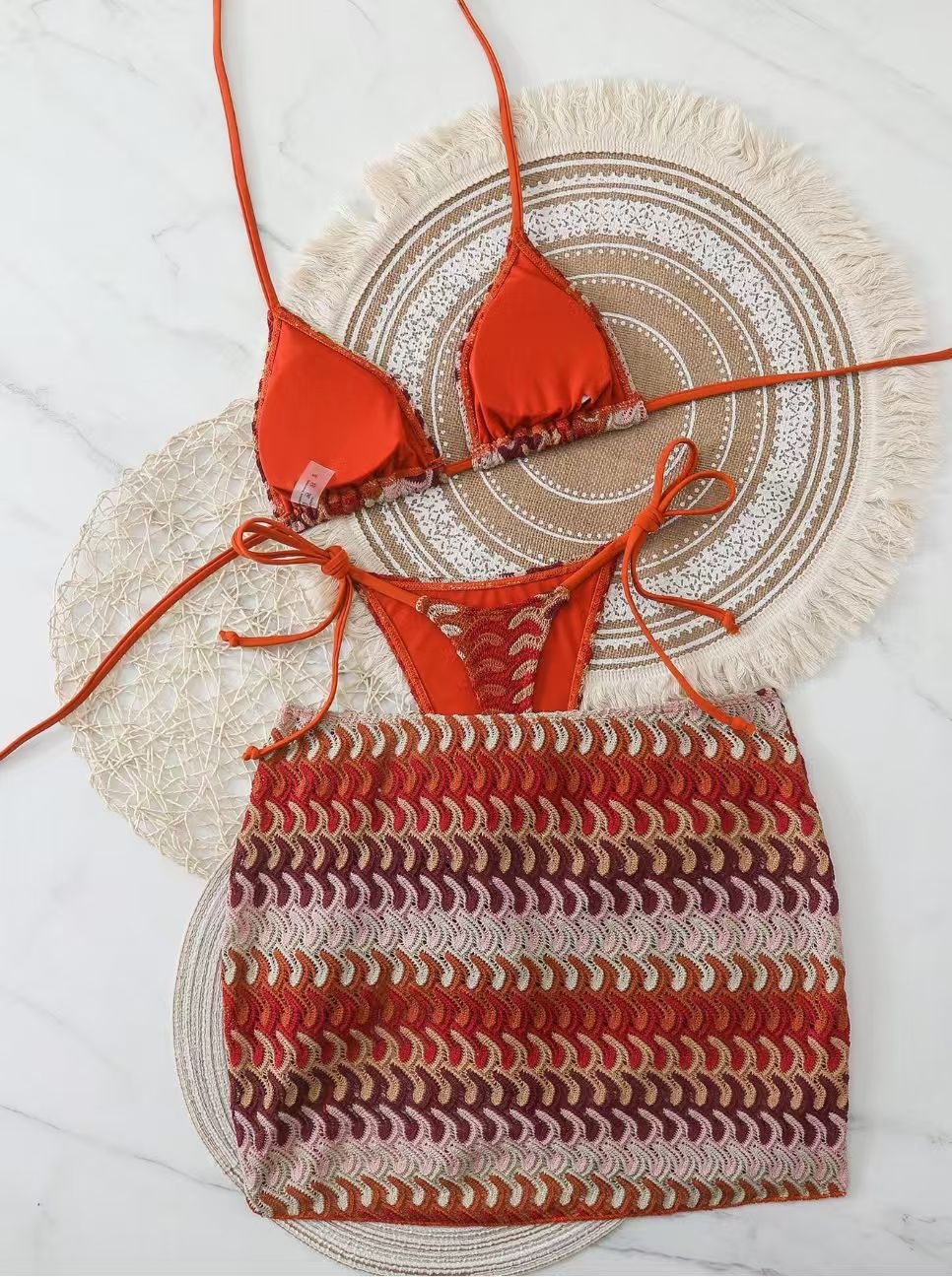 Three-Piece Triangle Bikini Set with Cover-Up Skirt view 12