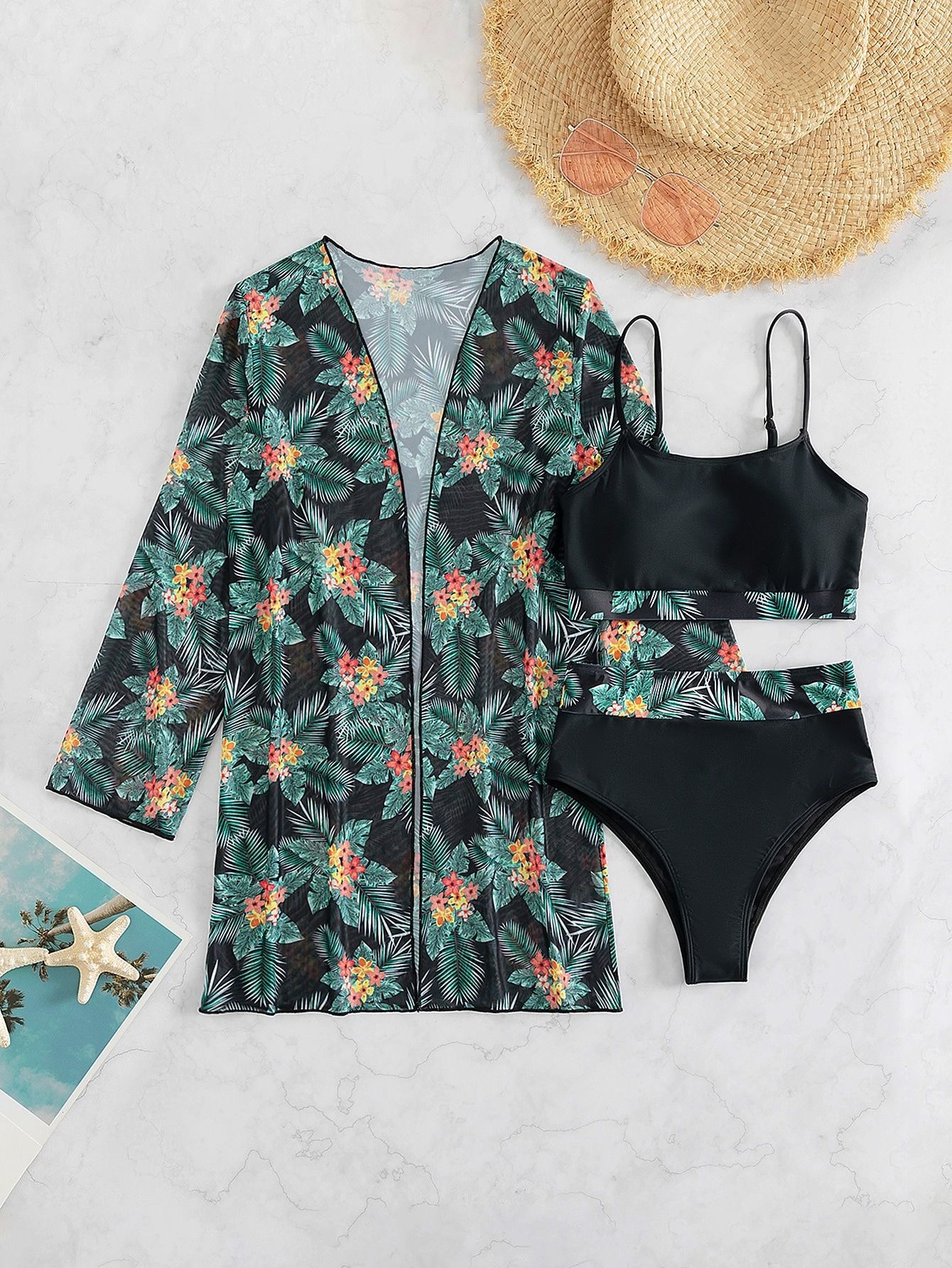 Three-Piece Bikini Set with Long-Sleeve Cover-Up view 15