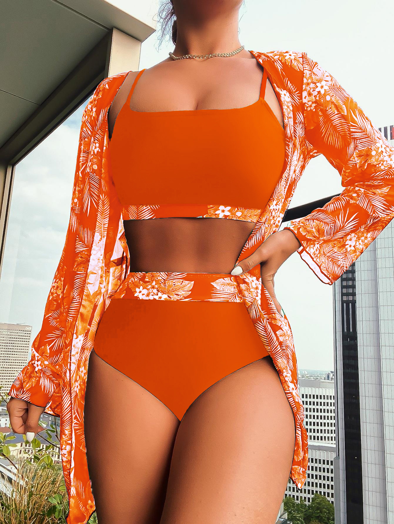 Three-Piece Bikini Set with Long-Sleeve Cover-Up view 9