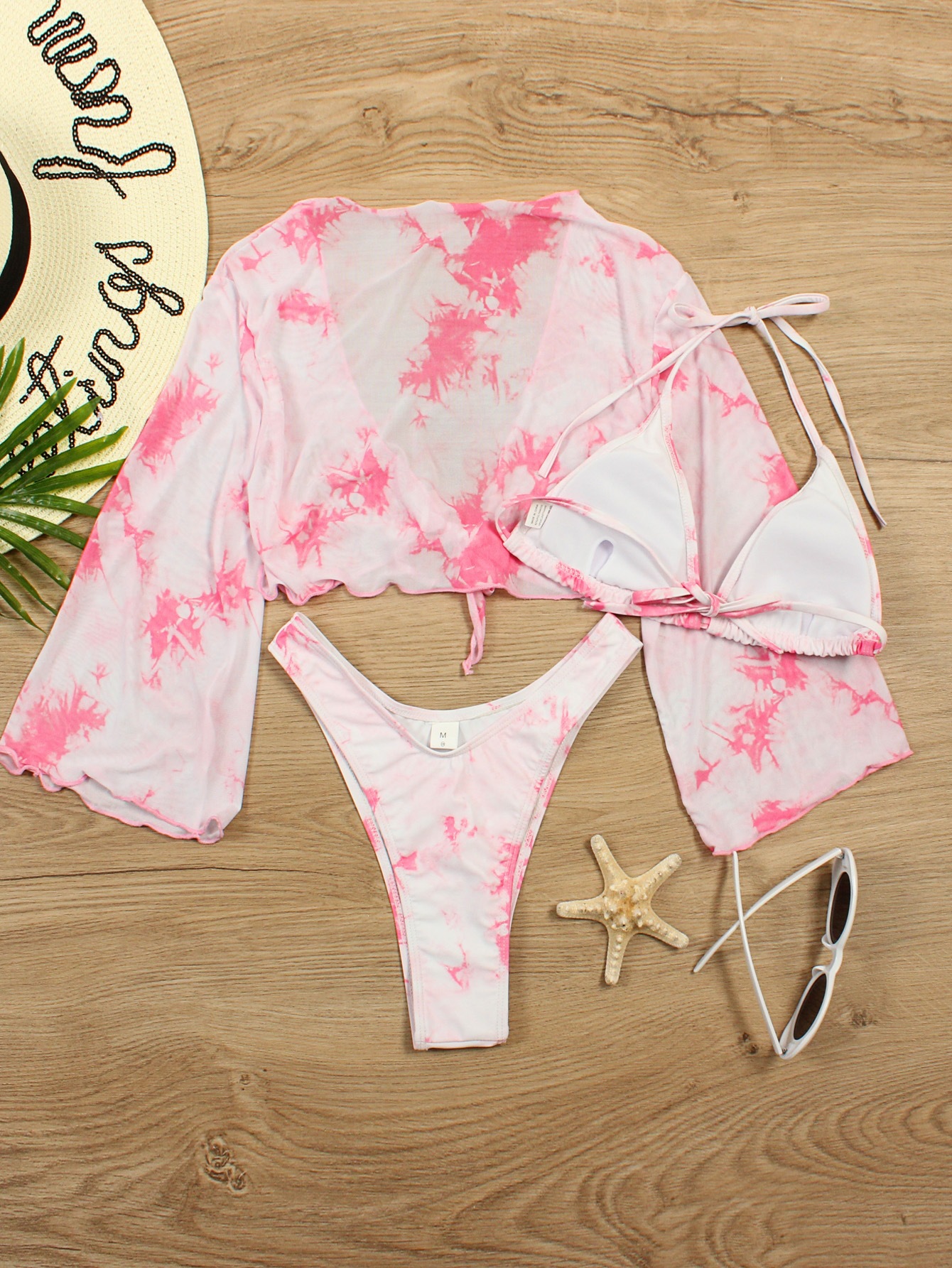 Three-Piece Bikini Set with Long-Sleeve Crop Top view 10