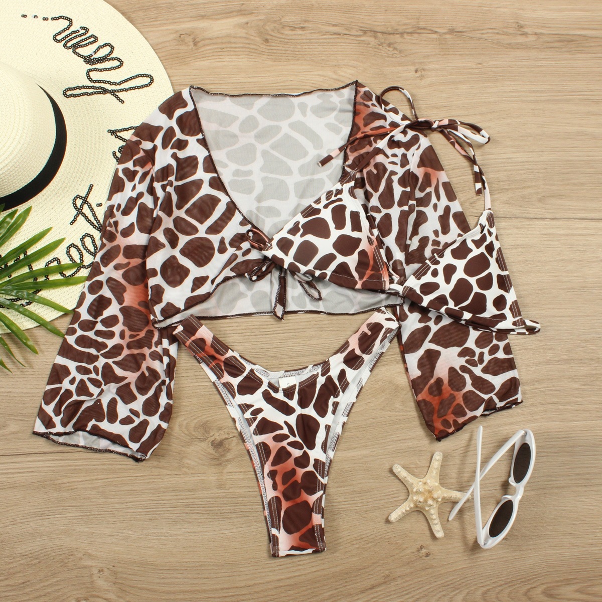 Three-Piece Bikini Set with Long-Sleeve Crop Top view 11