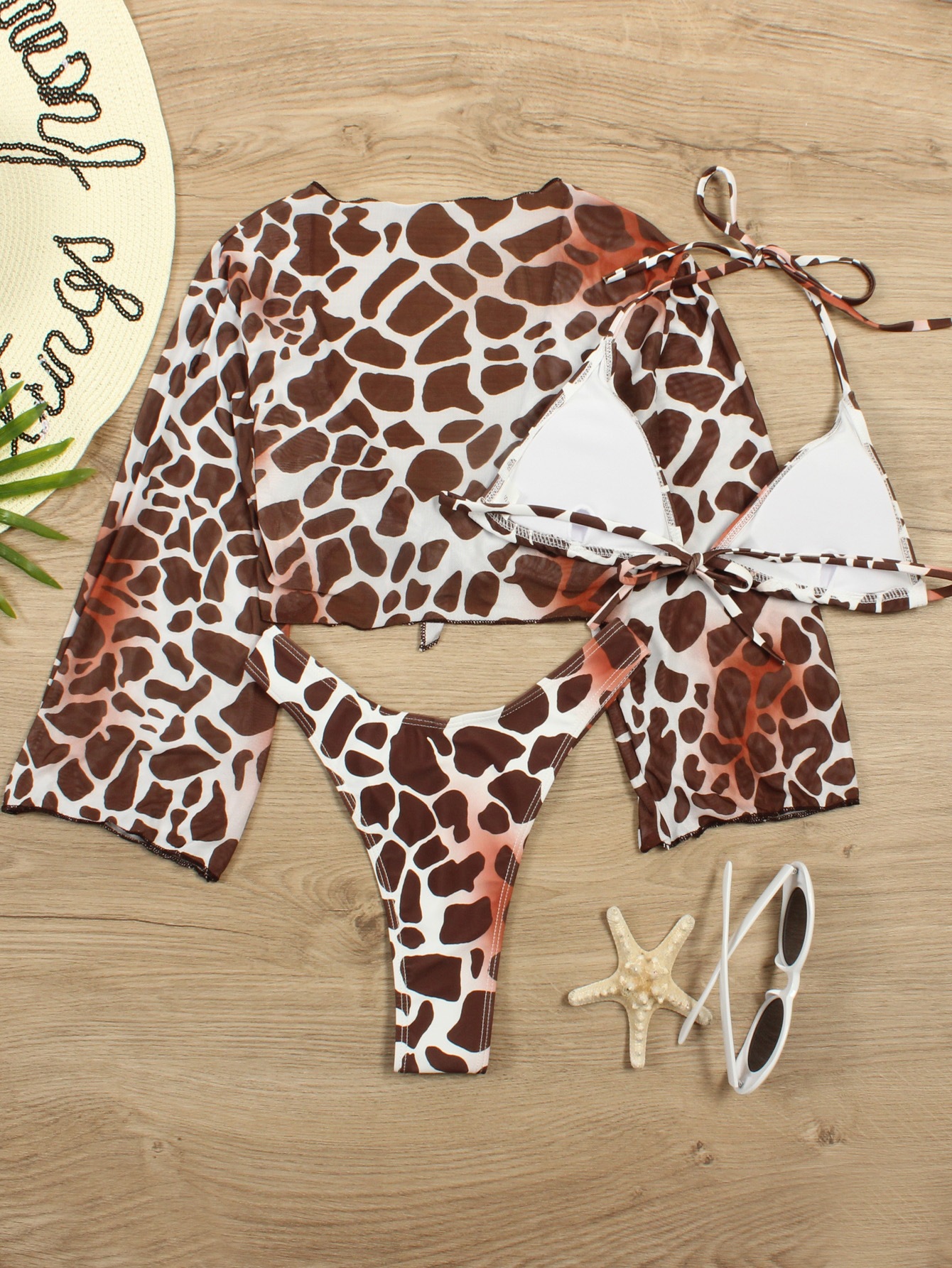 Three-Piece Bikini Set with Long-Sleeve Crop Top view 12