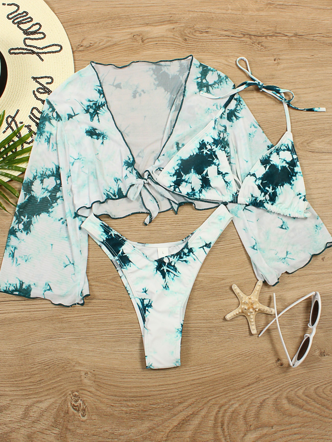 Three-Piece Bikini Set with Long-Sleeve Crop Top view 7