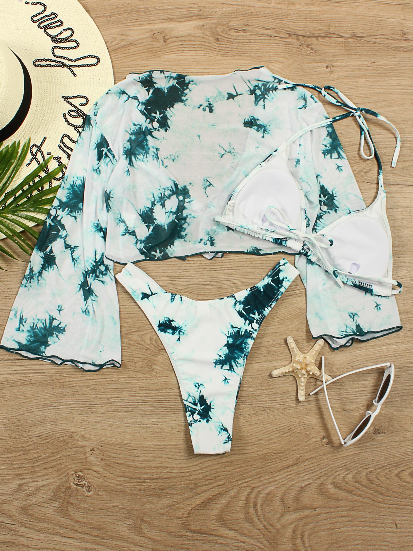 Three-Piece Bikini Set with Long-Sleeve Crop Top view 8