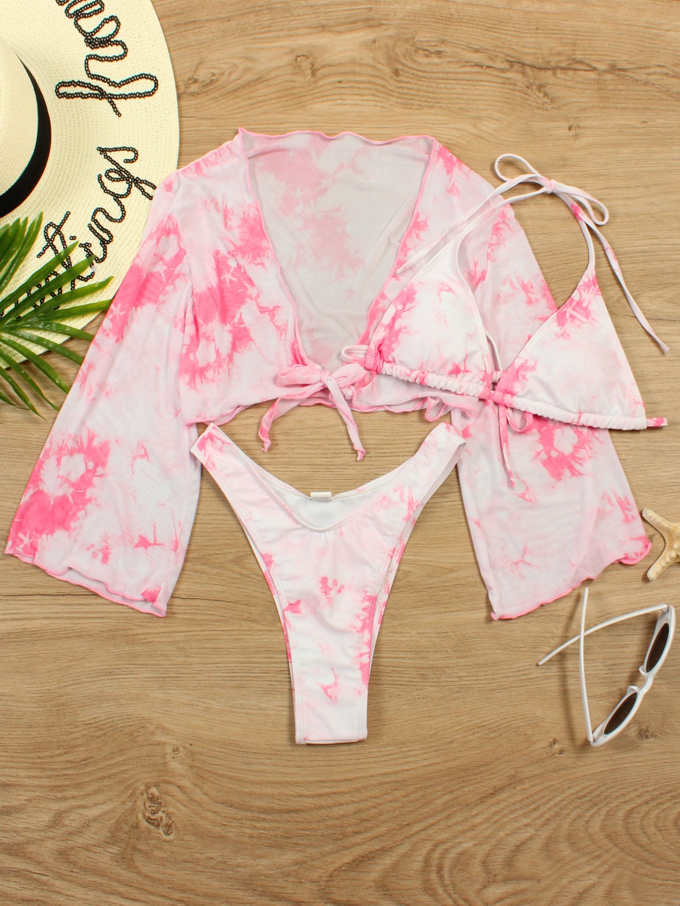 Three-Piece Bikini Set with Long-Sleeve Crop Top view 9