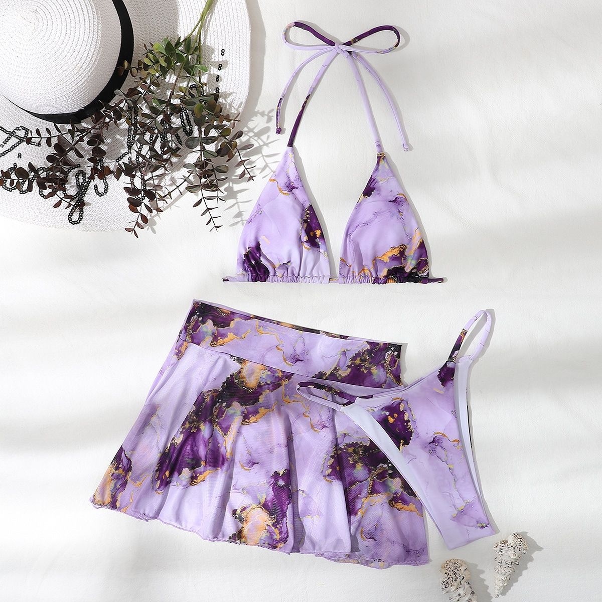 Three-Piece Bikini Set with Triangle Top and Skirt view 3