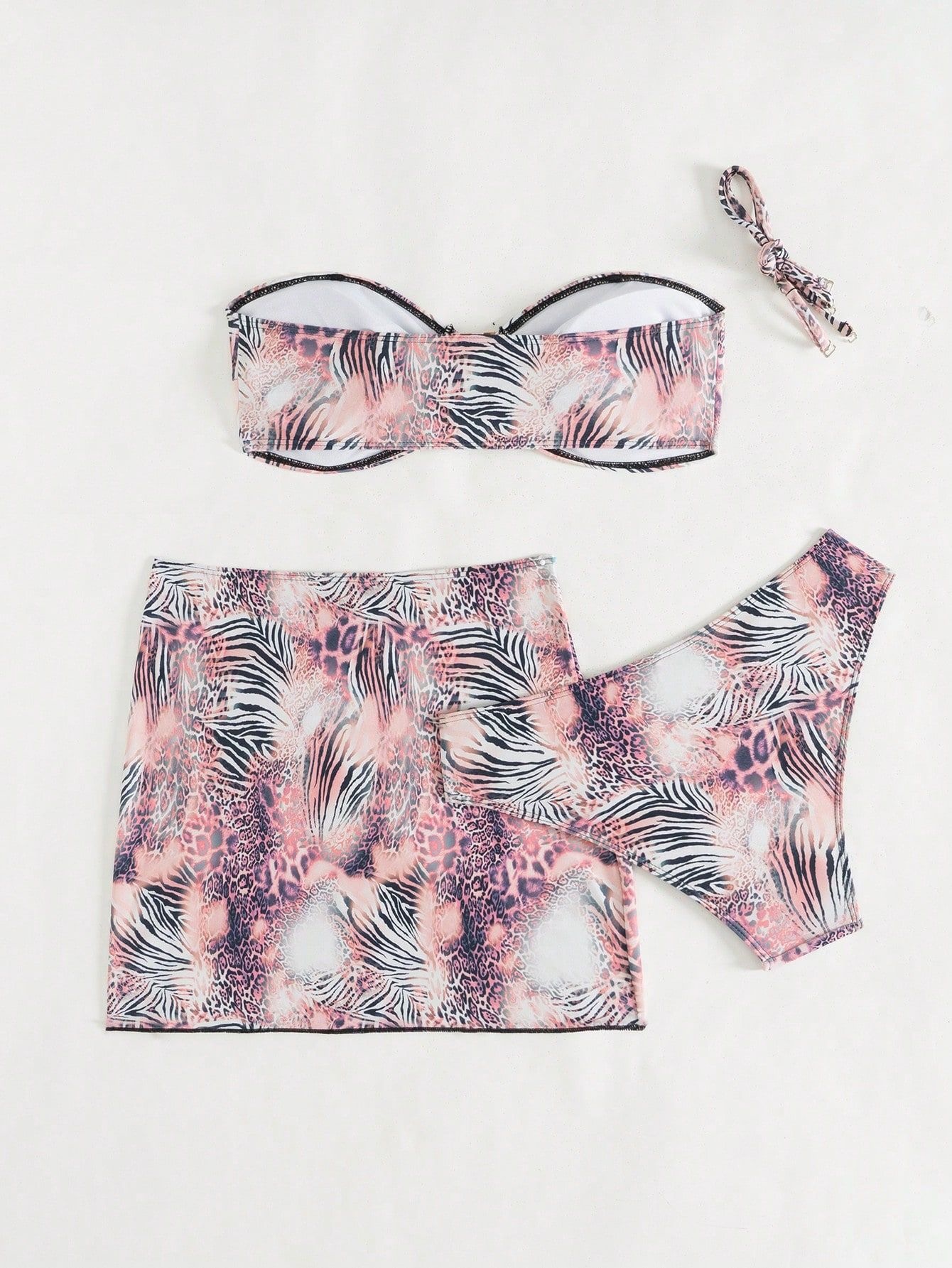Three-Piece Bikini Set with Bandeau Top and Skirt view 5