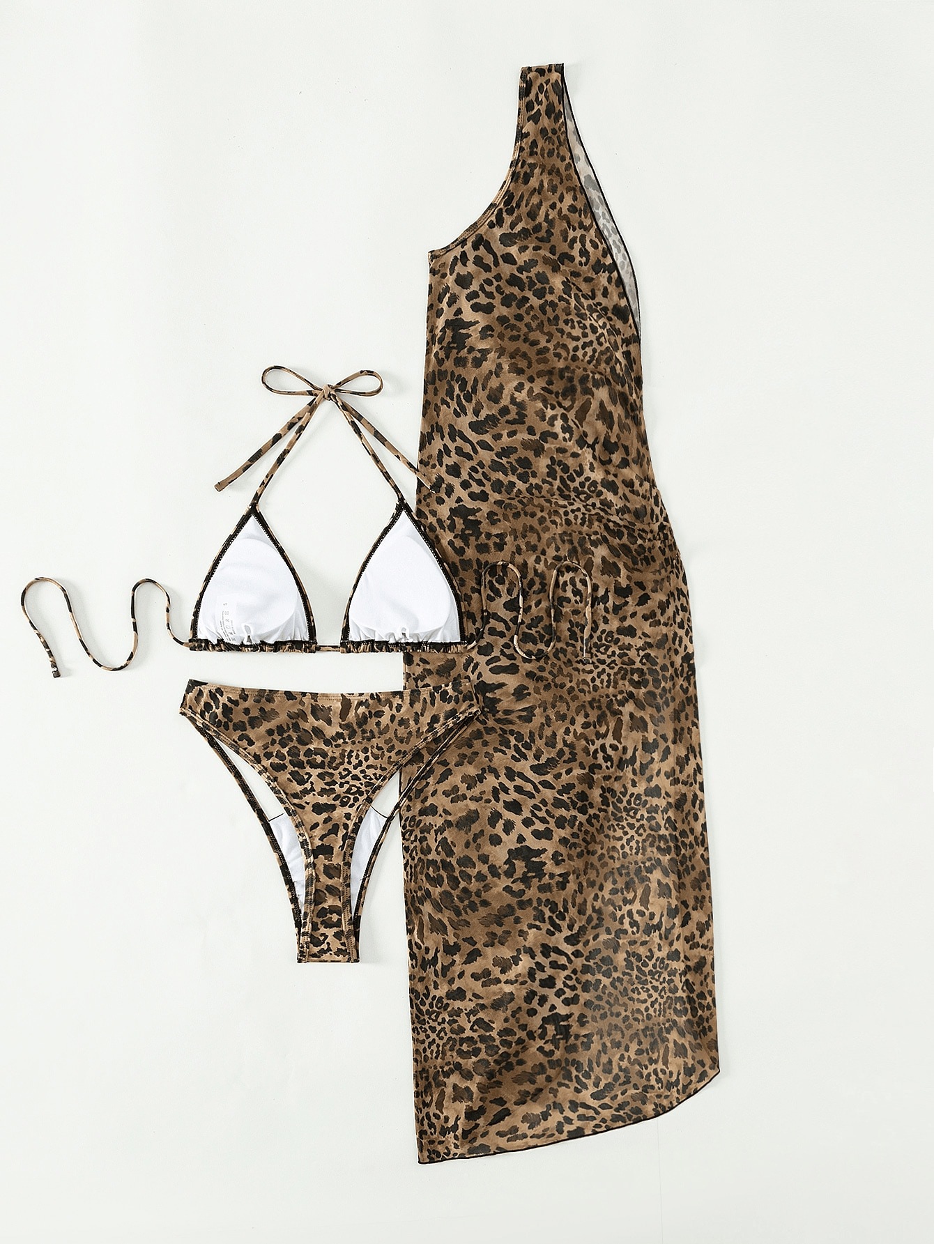 Leopard Print Three-Piece Bikini Set with Sheer Mesh Cover-Up Dress