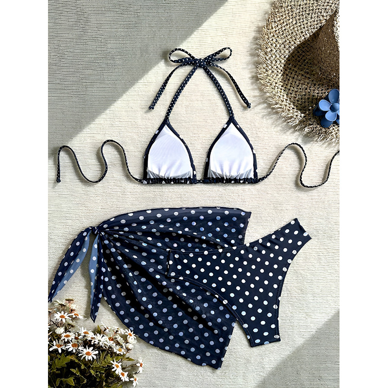 Three-Piece Halter Triangle Bikini and Mini Sarong Set view 10