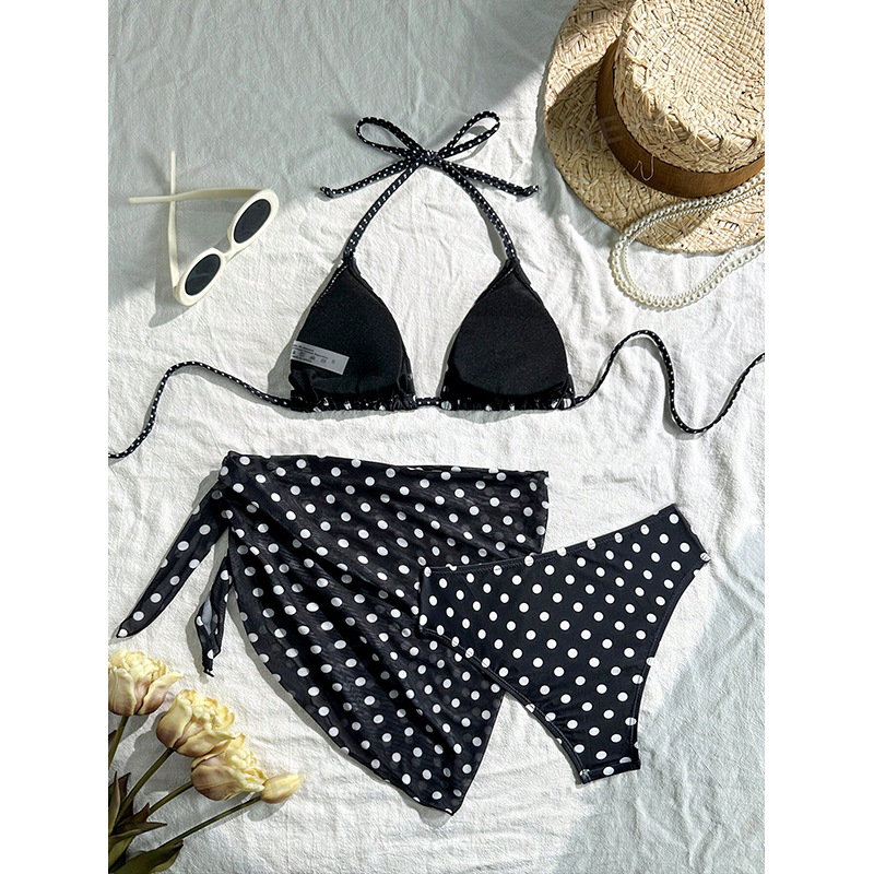 Three-Piece Halter Triangle Bikini and Mini Sarong Set view 13