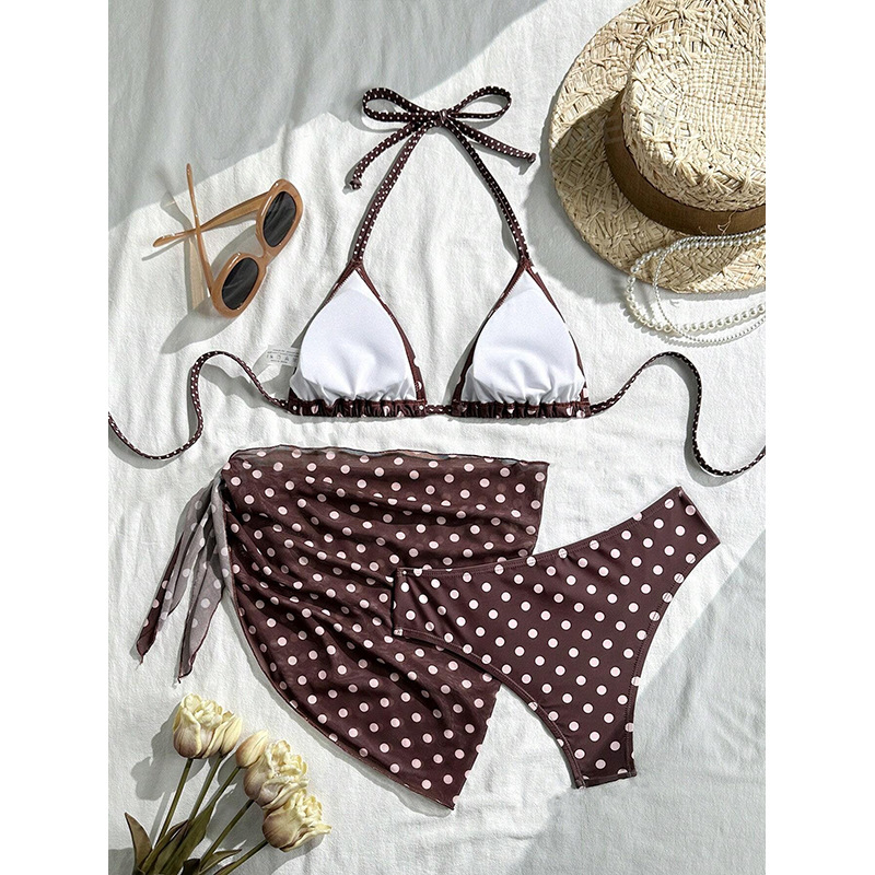 Three-Piece Halter Triangle Bikini and Mini Sarong Set view 21