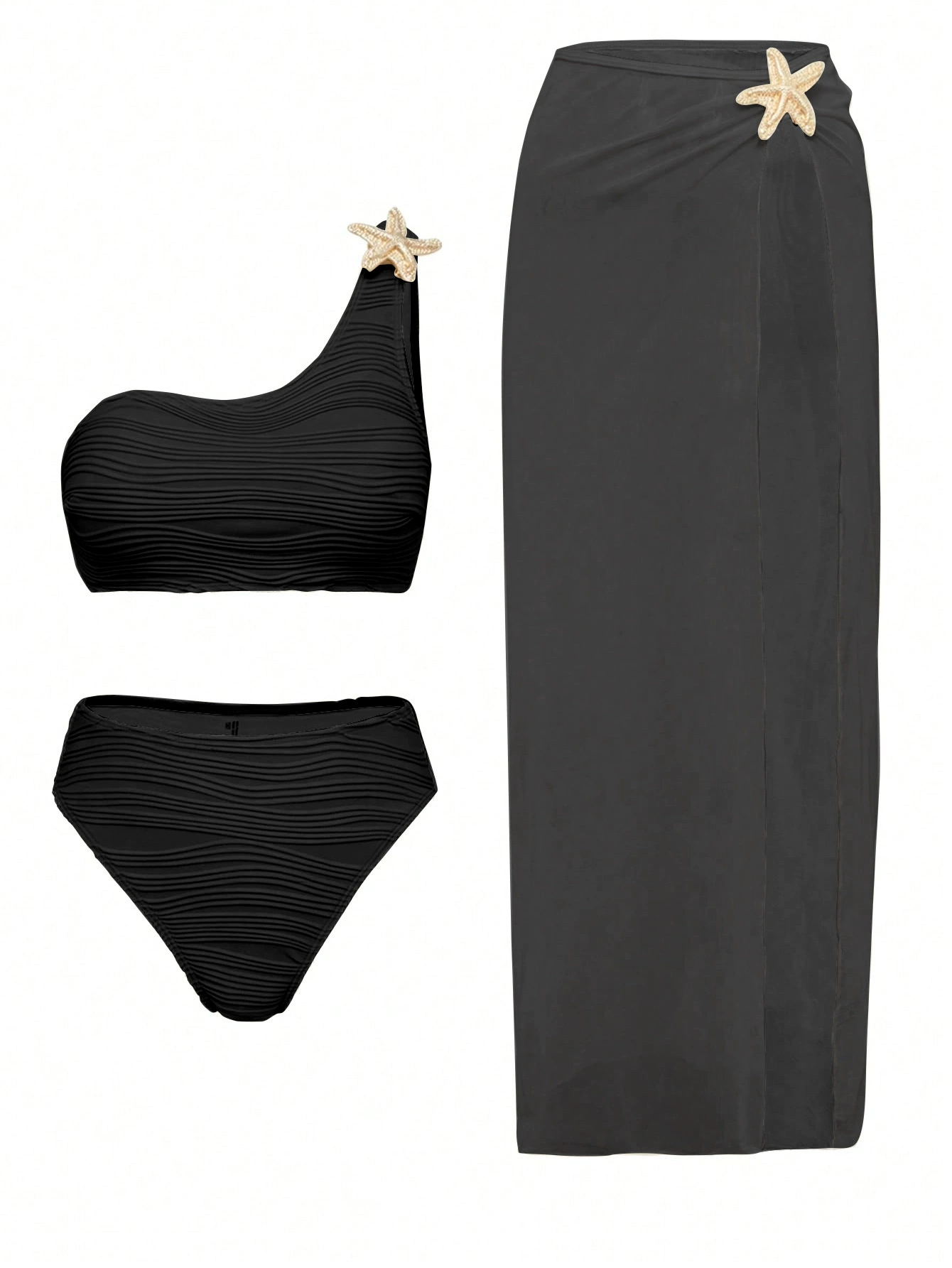 One-Shoulder High-Waisted Three-Piece Bikini Set with Slit Skirt view 3