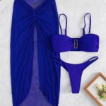 Three Piece Bandeau Bikini Set with Sheer Cover-Up Skirt in Blue view 2
