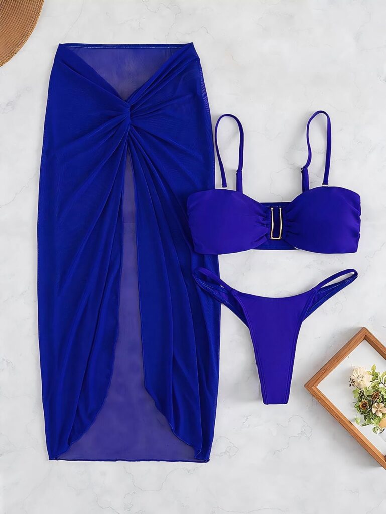 Three Piece Bandeau Bikini Set with Sheer Cover-Up Skirt in Blue