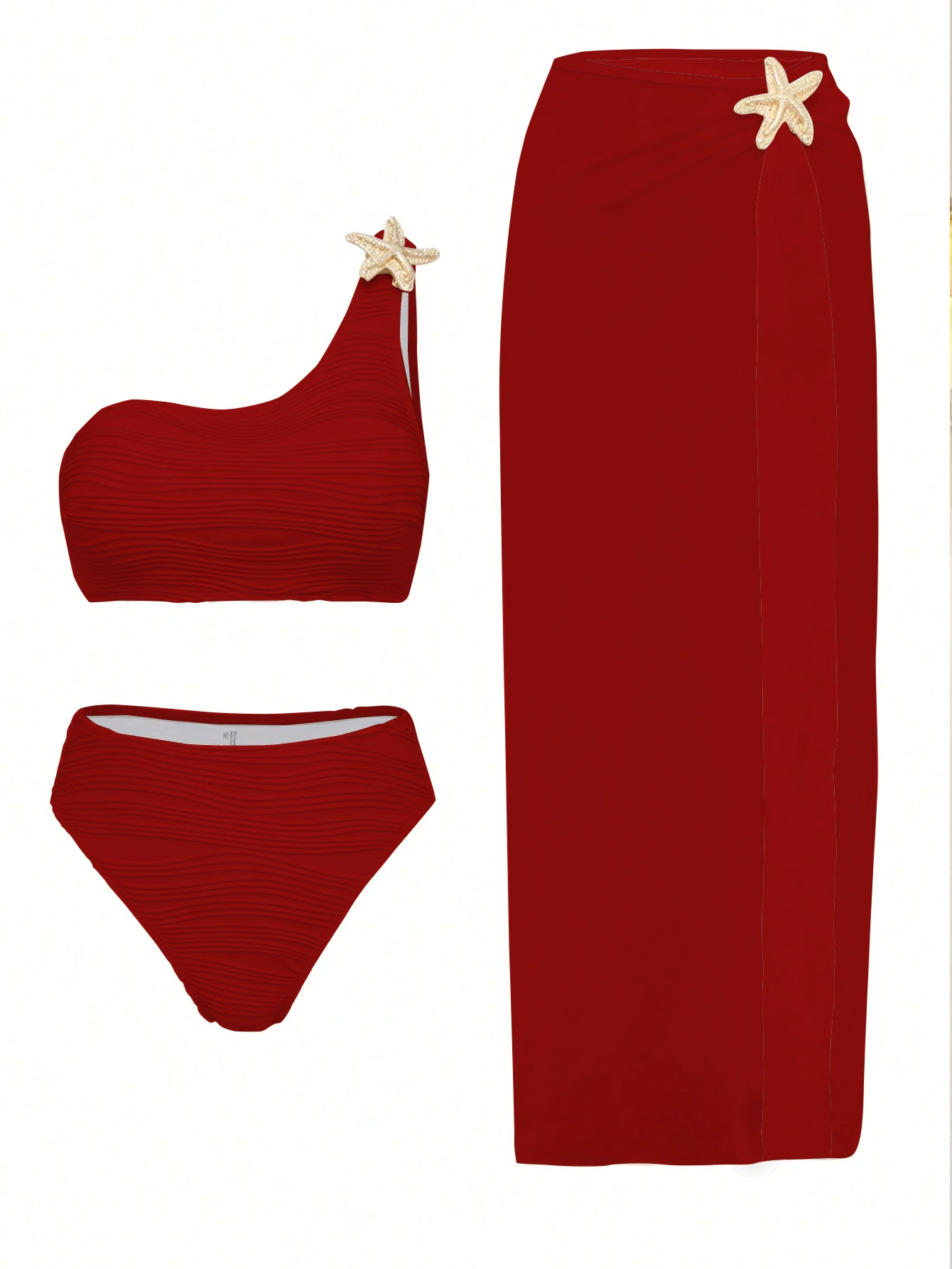 One-Shoulder Three-Piece Bikini Set with High-Slit Cover-Up Skirt