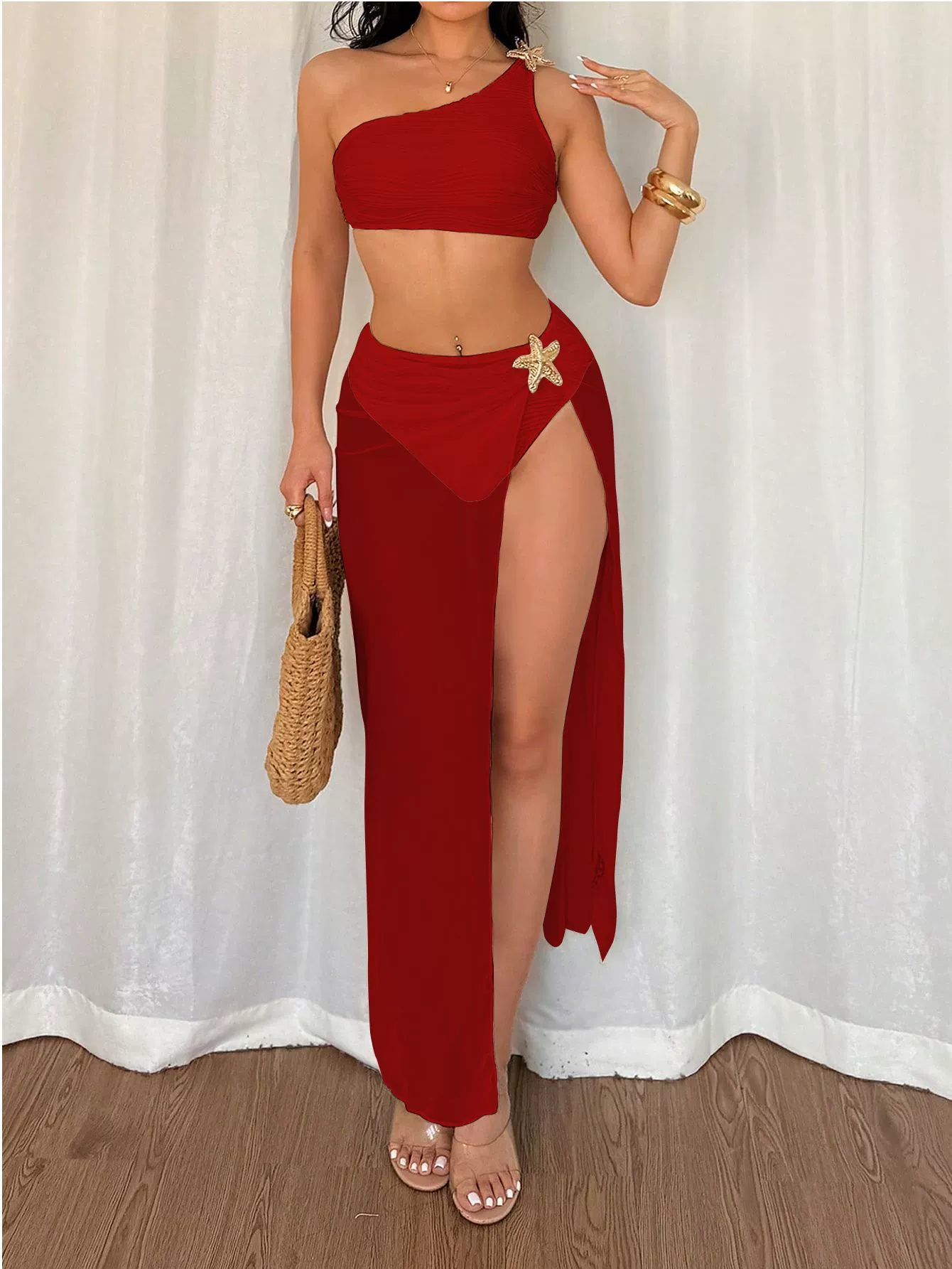 One-Shoulder Bikini Set with High-Slit Cover-Up Skirt view 5