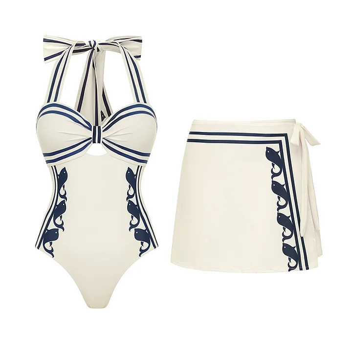 White Halter-Neck Tie One-Piece Set