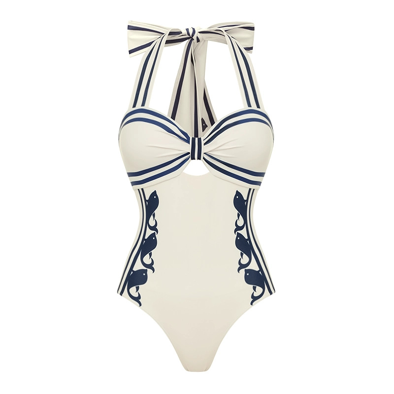 White Halter-Neck Tie One-Piece Swimsuit