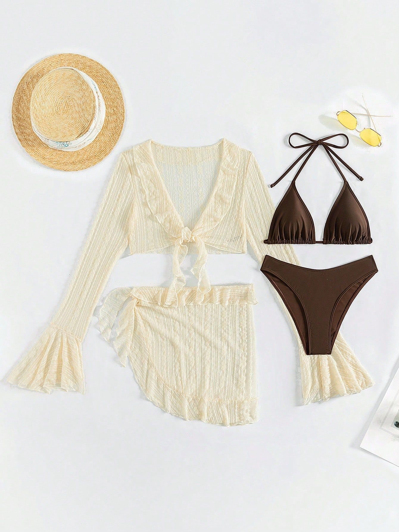 Four-Piece Long Sleeve Bikini Set with Cover-Up and Skirt view 18