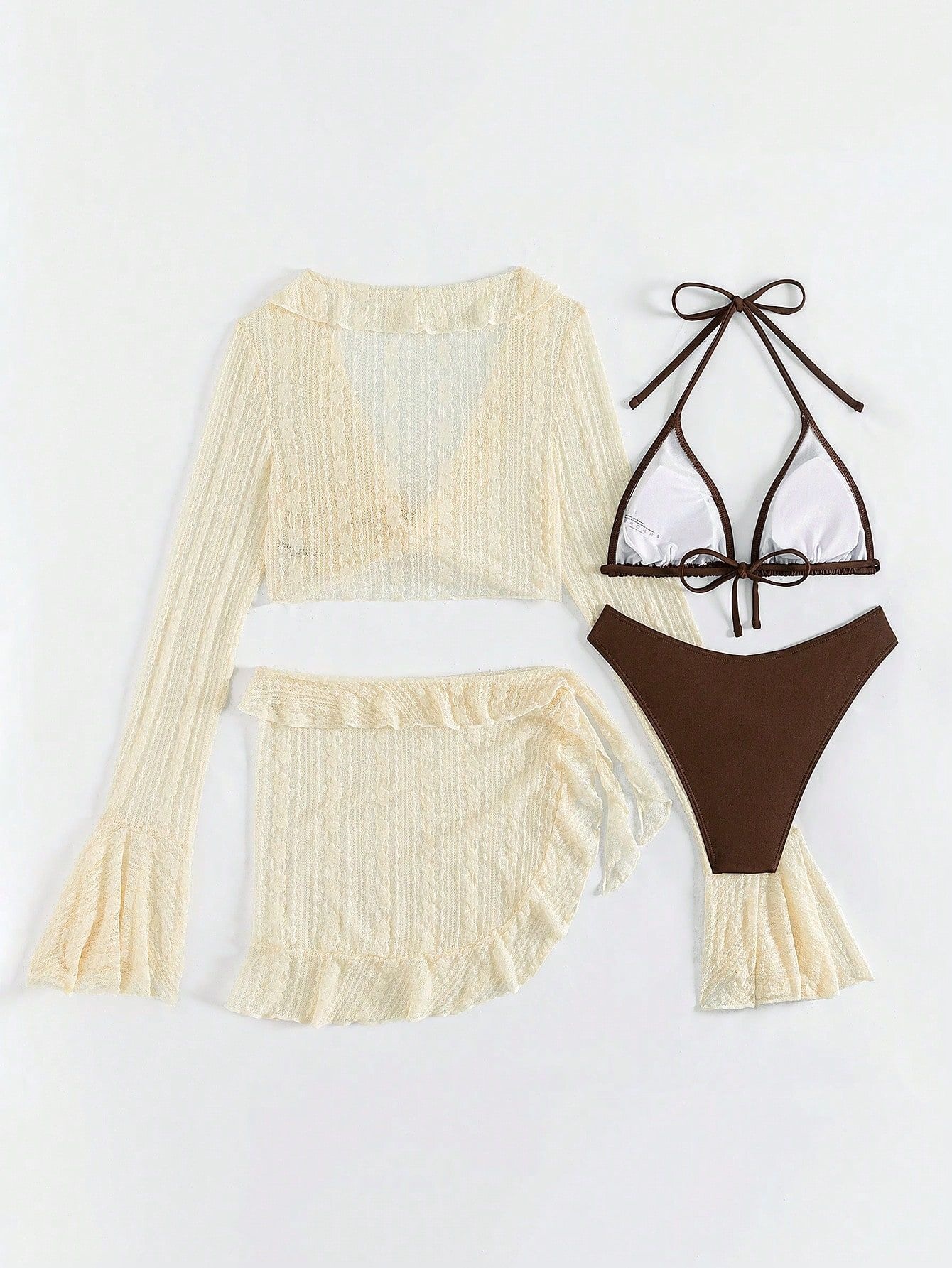Four-Piece Long Sleeve Bikini Set with Cover-Up and Skirt view 19