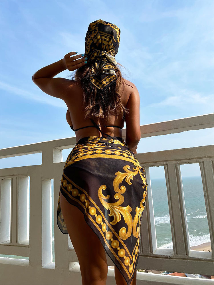 Women’s Three-Piece Bikini Set with Sarong and Headscarf
