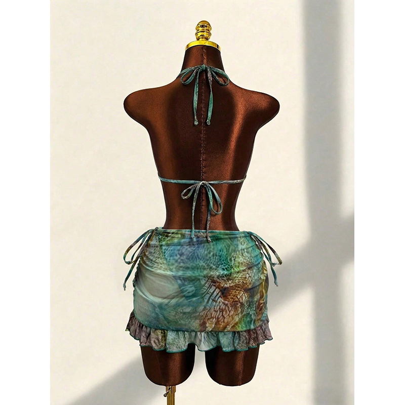 Halter Triangle Bikini Top and Ruched Mini Skirt Set view 4