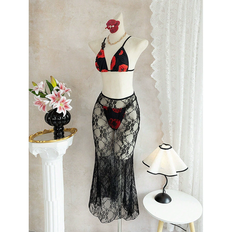 Black Floral Three-Piece Bikini Set with Sheer Lace Maxi Skirt