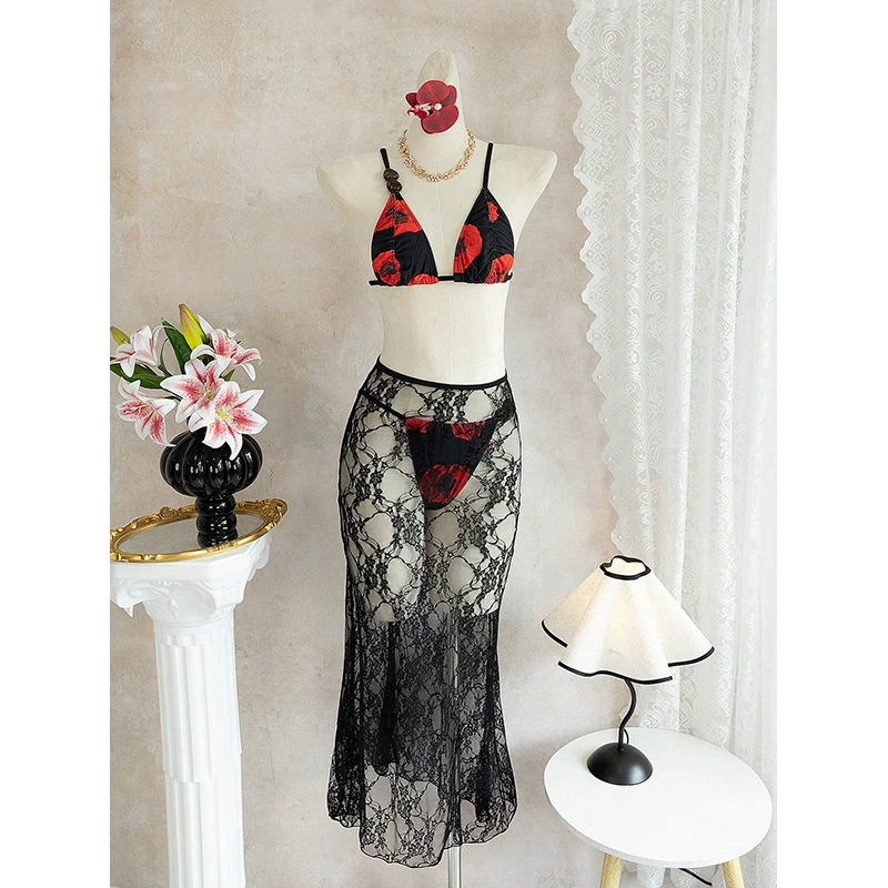 Black Floral Three-Piece Bikini Set with Sheer Lace Maxi Skirt view 3