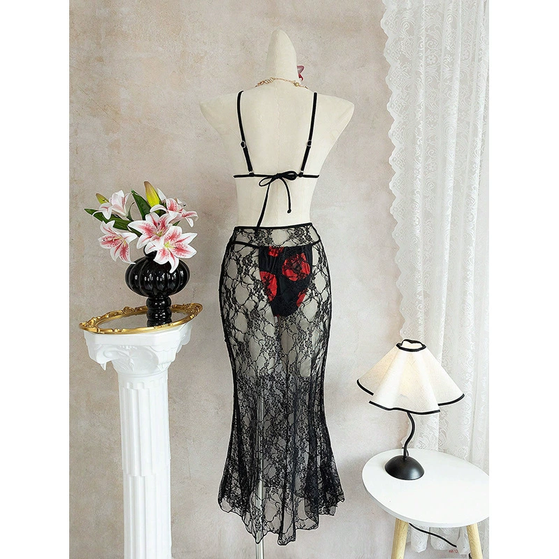 Black Floral Three-Piece Bikini Set with Sheer Lace Maxi Skirt view 4