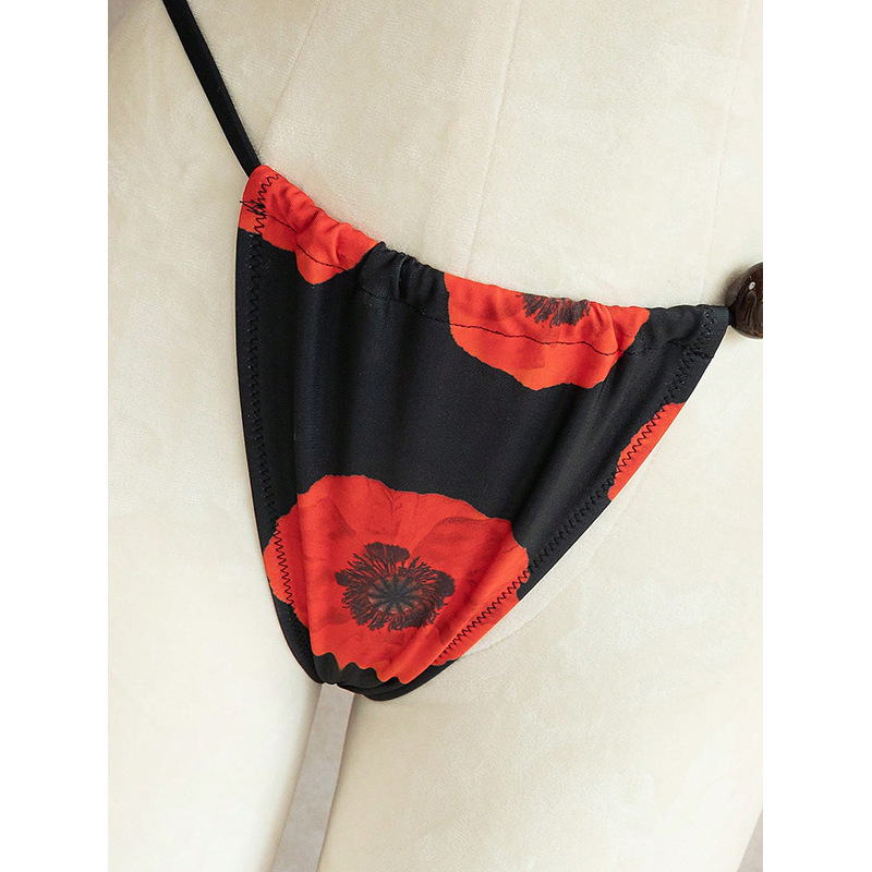 Black Floral Three-Piece Bikini Set with Sheer Lace Maxi Skirt view 5