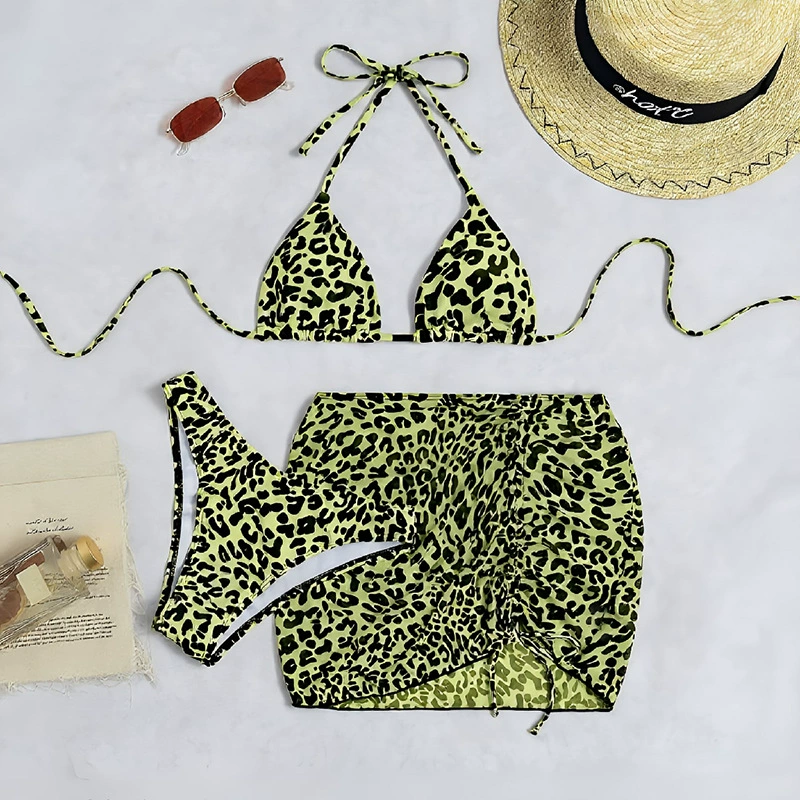 Green Leopard Print Three-Piece Triangle Bikini with Ruched Mini Skirt