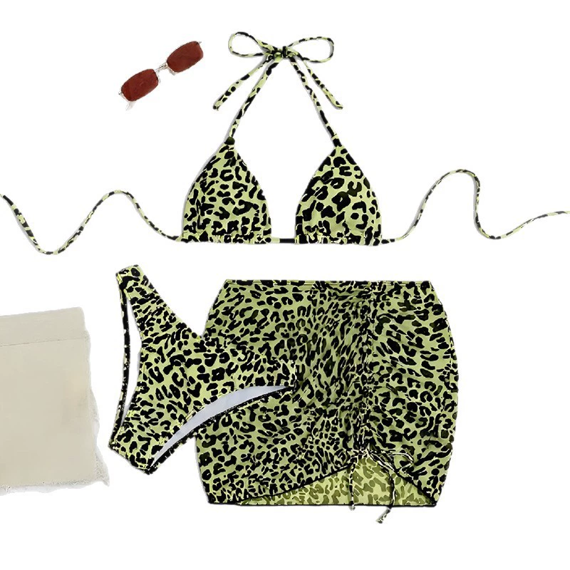 Green Leopard Print Three-Piece Triangle Bikini with Ruched Mini Skirt view 4