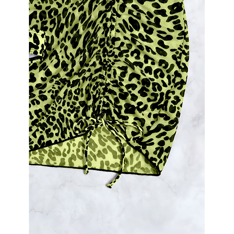 Green Leopard Print Three-Piece Triangle Bikini with Ruched Mini Skirt view 5