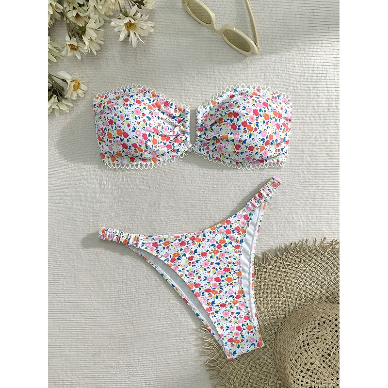 Floral Print Bandeau Bikini Set with Ruffled Sarong Mini Skirt