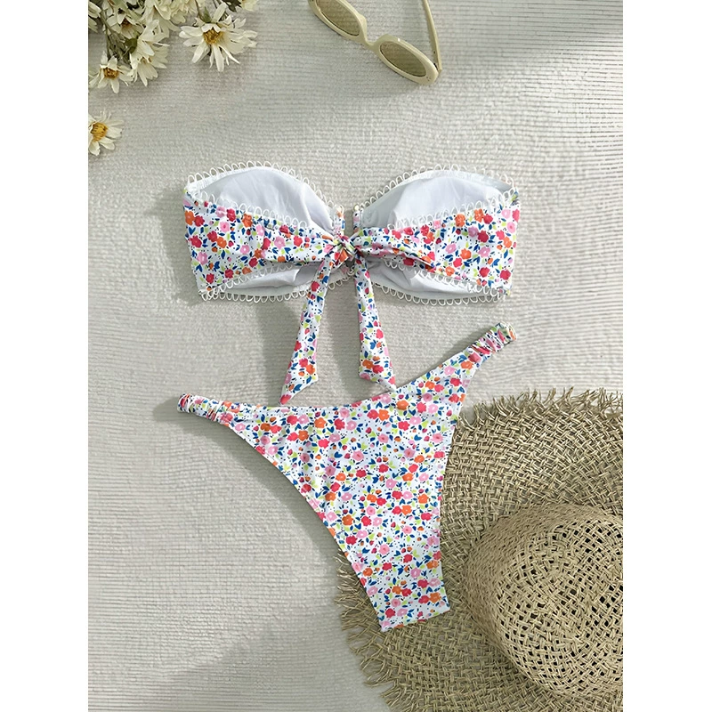Floral Print Bandeau Bikini Set with Ruffled Sarong Mini Skirt
