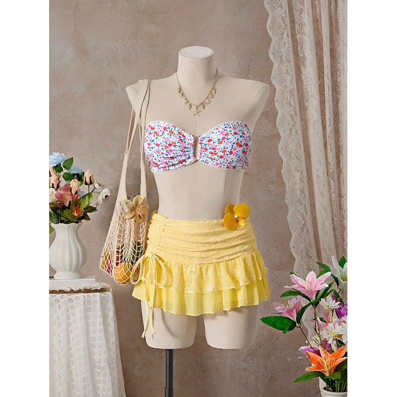 Floral Print Bandeau Bikini Set with Ruffled Sarong Mini Skirt view 3