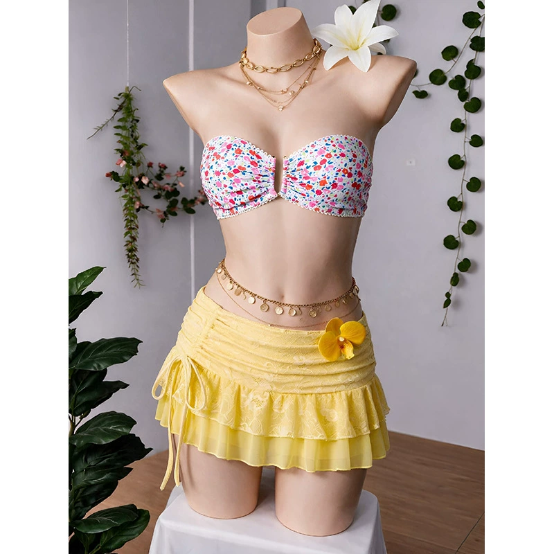 Floral Print Bandeau Bikini Set with Ruffled Sarong Mini Skirt view 4