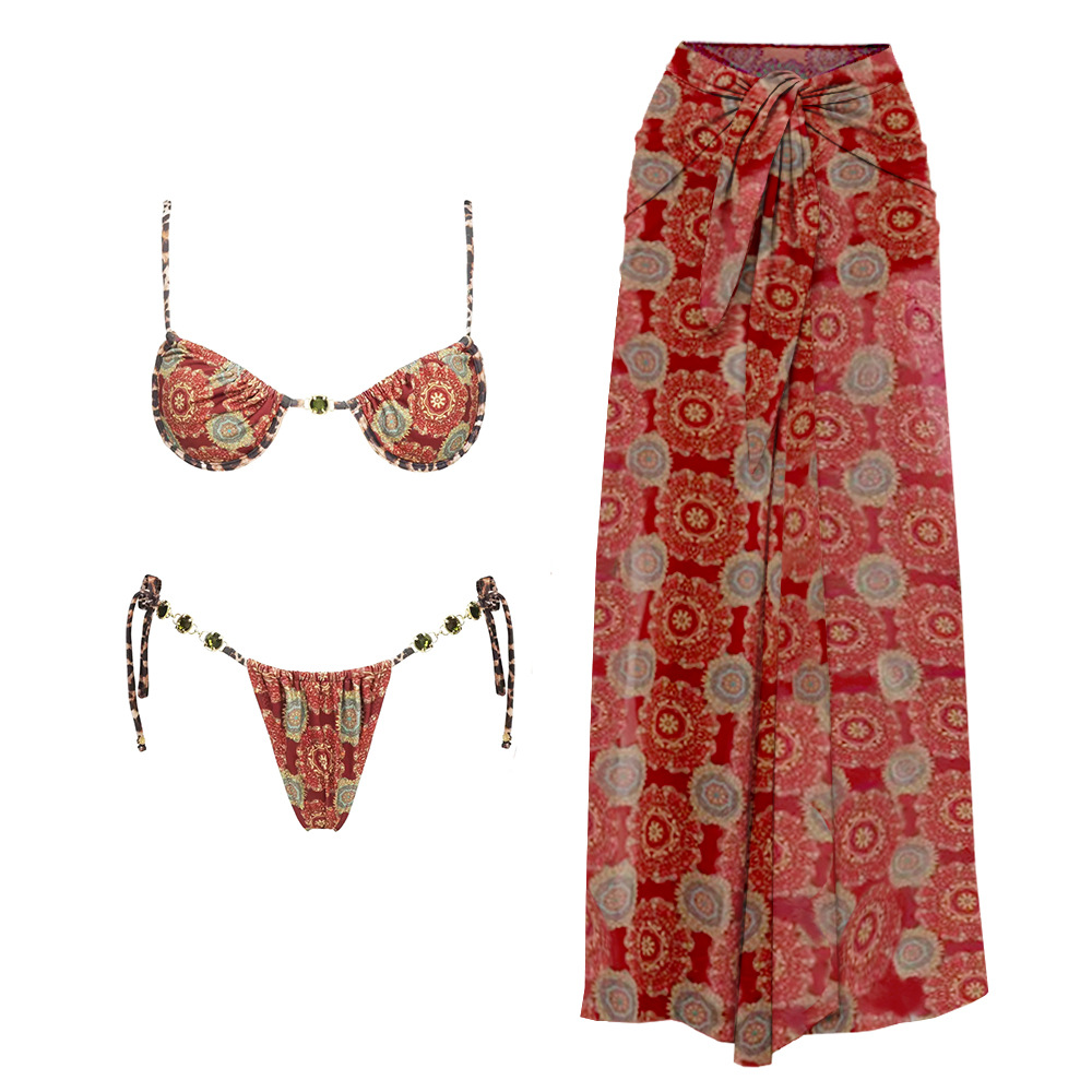 Three-Piece Underwire Bikini Set with Beaded Ties and Long Cover-Up
