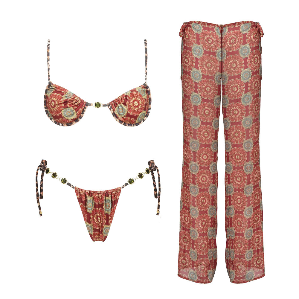 Three-Piece Underwire Bikini Set with Beaded Ties and Long Cover-Up