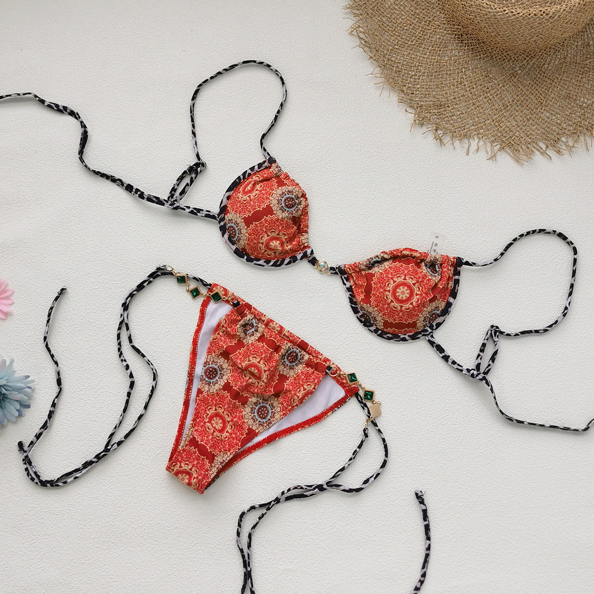 Three-Piece Underwire Bikini Set with Beaded Ties and Long Cover-Up view 7